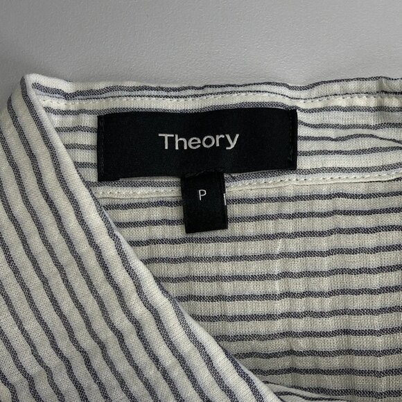 Theory Hekanina Striped Button-Up Shirt • Size P • Ivory/Navy Blue • Linen Blend - Picture 6 of 11